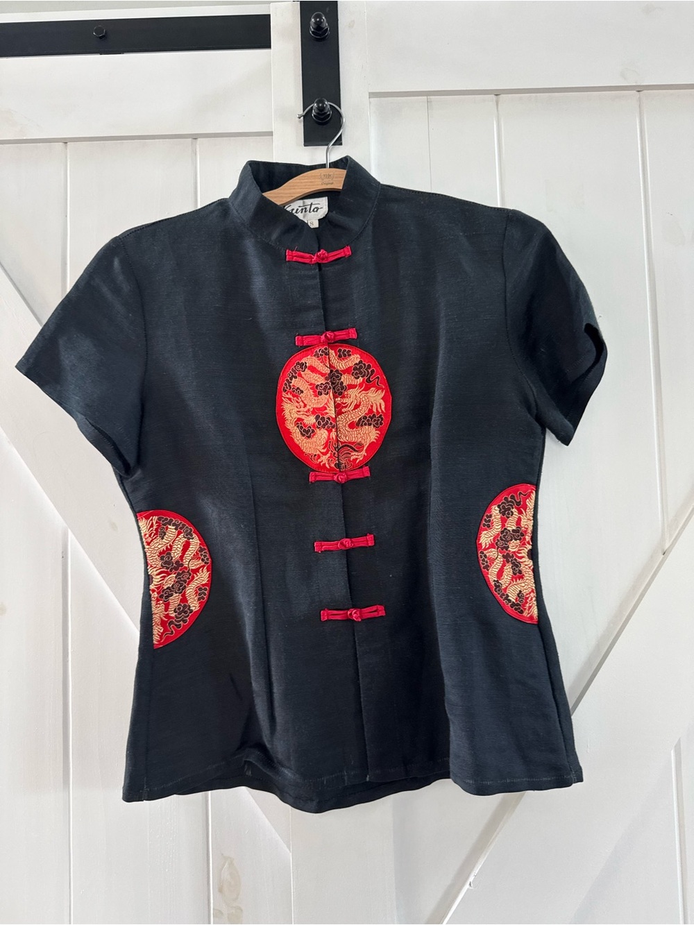 Kunto Silk Mandarin Collar Top with Embroidered Dragon Accents & Frog Closures
